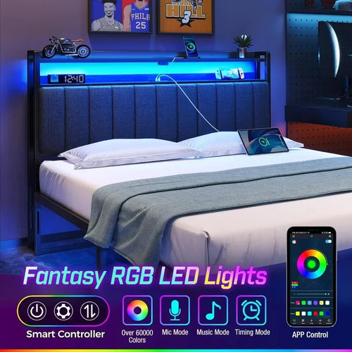 Headboard for Full/Twin/Queen Bed with Storage, 60,000 DIY Color of LED Light, with USB, Height Adjustable, Black Upholstered - vue 5 sur 8