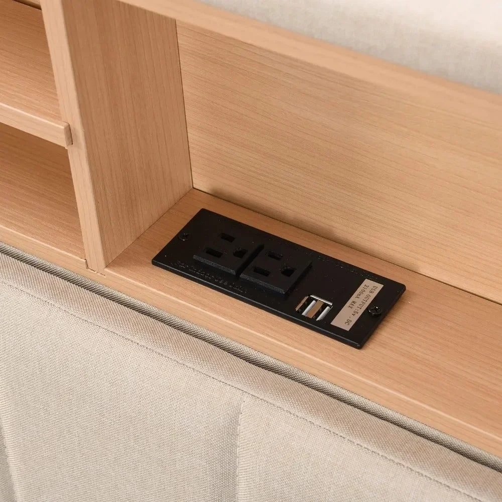 Bed frame bedroom furniture: headboard with storage and USB ports, full, grey modern upholstered platform bed - vue 4 sur 8