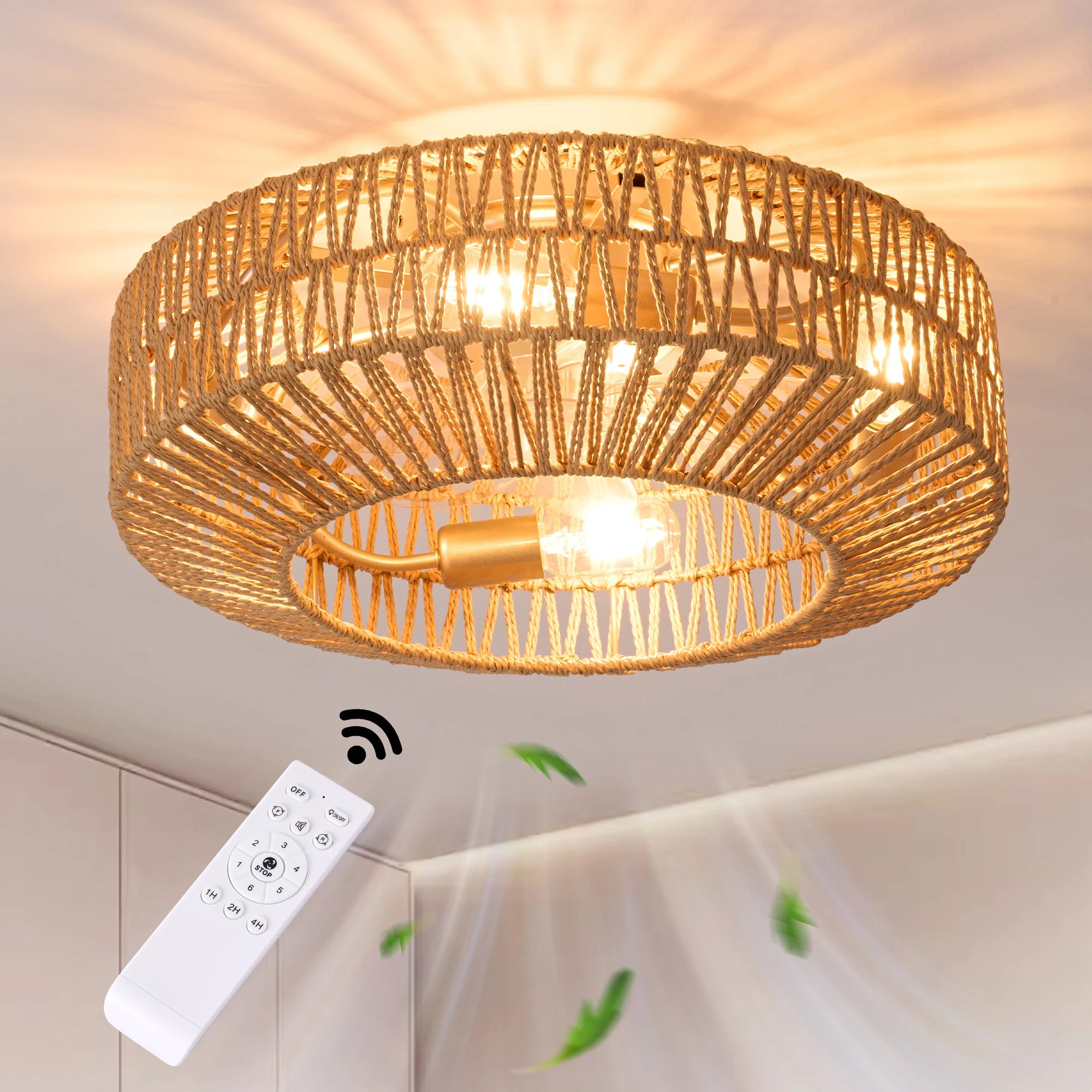 ventilateur de plafond en rotin avec lumière et télécommande vintage - vue 5 sur 7