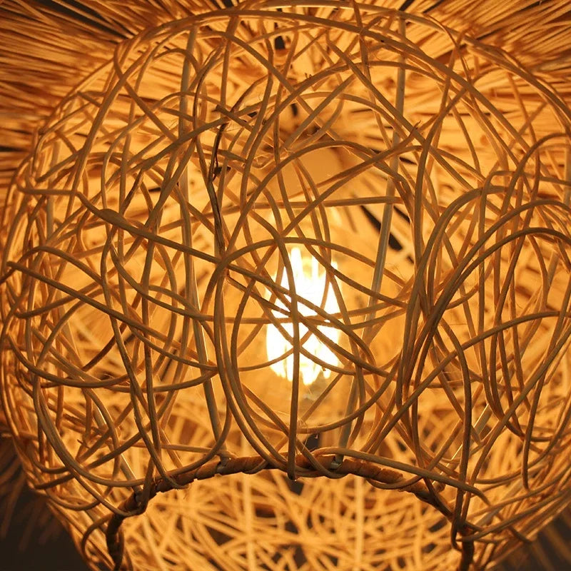 Chinese rattan pendant light, hand woven straw hat lampshade pendant light, living room decoration, indoor lighting fixtures - vue 4 sur 14