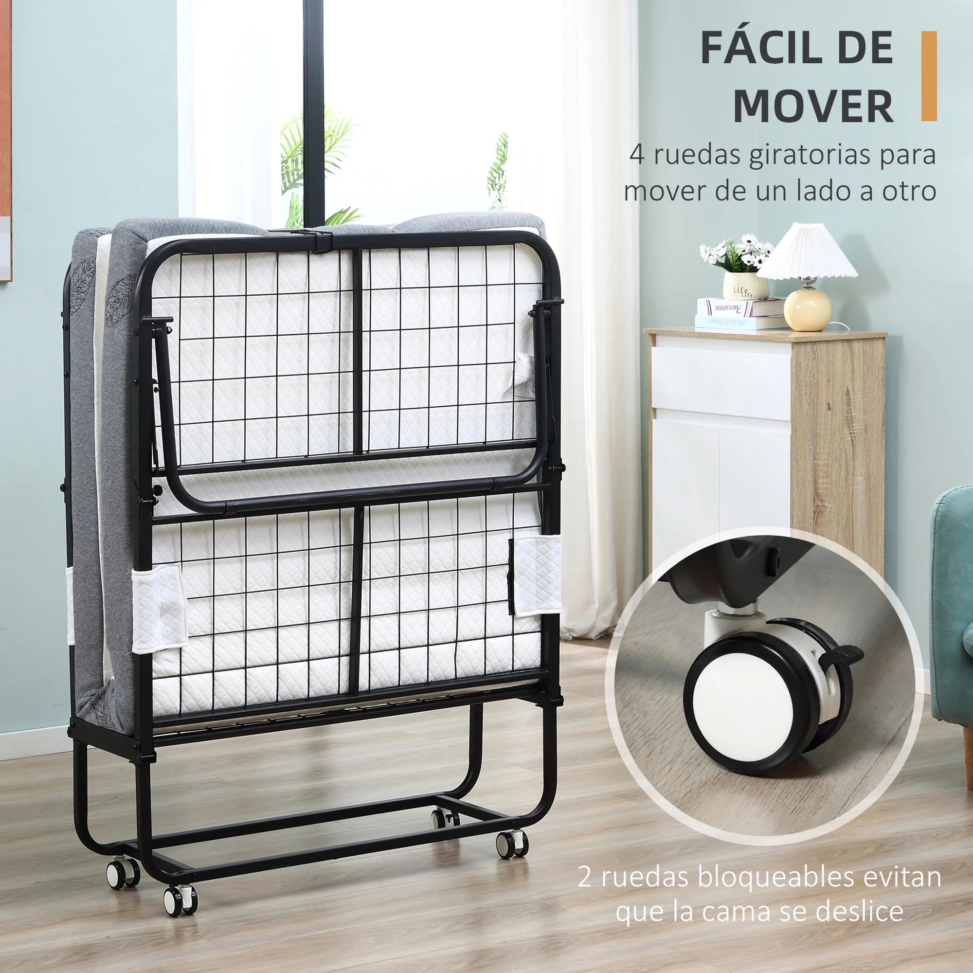 HOMCOM folding bed 200x80x42,5 cm with single mattress wheels living room office - vue 5 sur 6