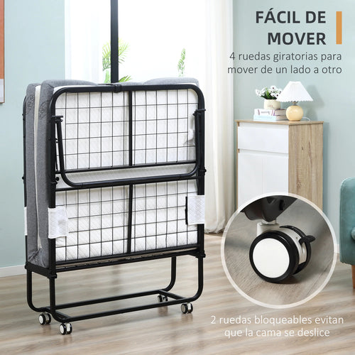 HOMCOM folding bed 200x80x42,5 cm with single mattress wheels living room office - vue 6 sur 6