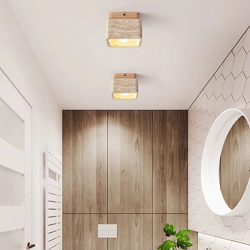 Plafonnier Led nordique moderne Downlight carré pierre bois crème Style Surface monté vers le bas lumière pour porche balcon couloir