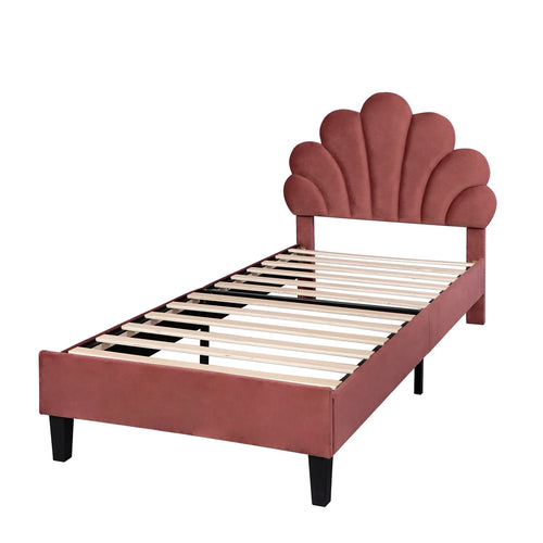 Youth Bed, Upholstered Bed, Skin-friendly Velvet Fabric, With Solid Flower-shaped Headboard and Slatted Frame, 90 x 200 cm - vue 8 sur 8