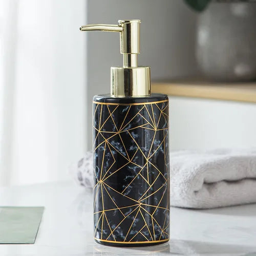 distributeur de savon en céramique avec pompe dorée pour salle de bain - vue 9 sur 17