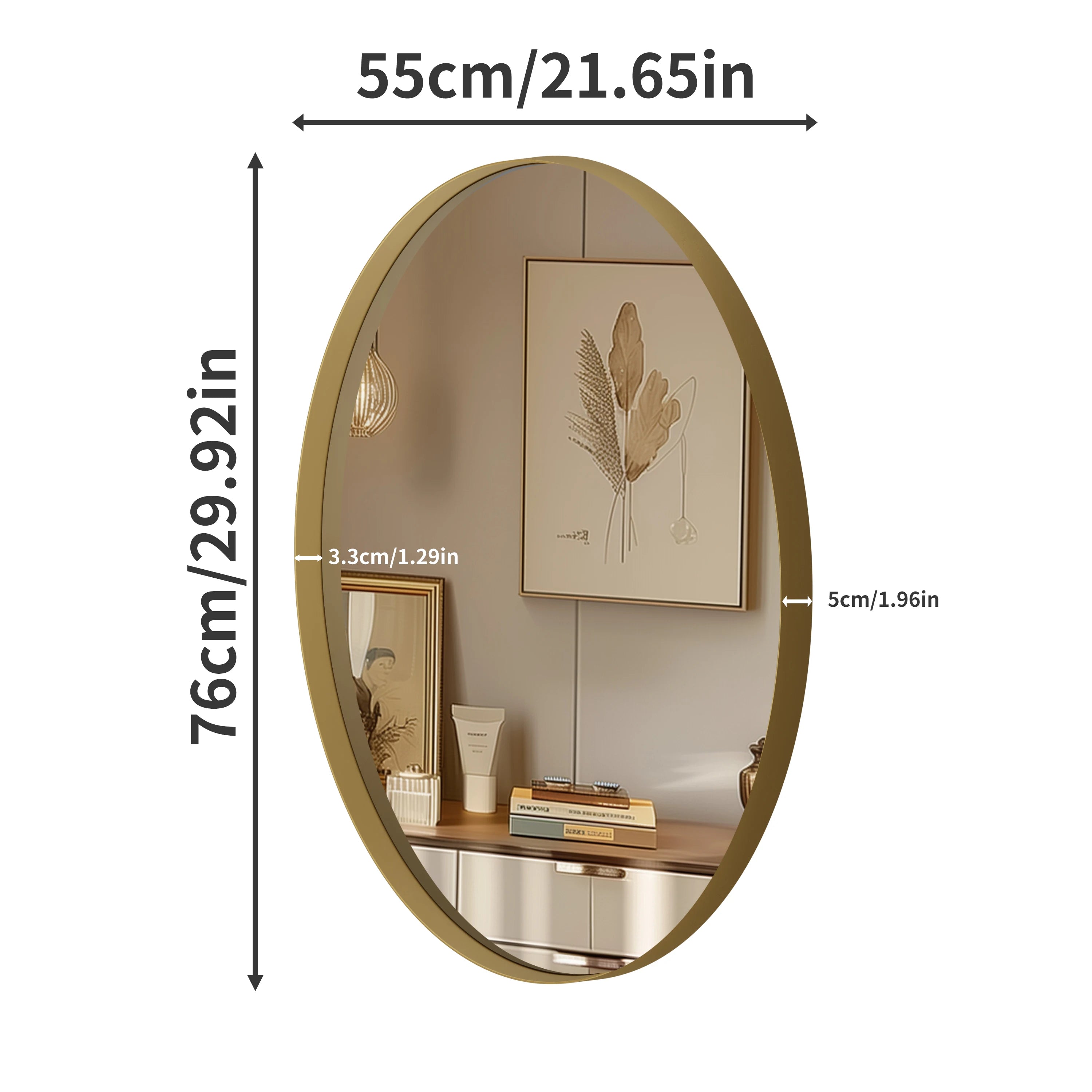Oval Gold Bathroom Mirror, Gold Framed Mirror for Wall, Metal Frame Gold Circle Mirror Decorative - vue 5 sur 7