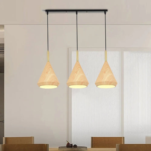 Nordic metal chandelier with wood-effect for minimalist interior decor - vue 2 sur 14