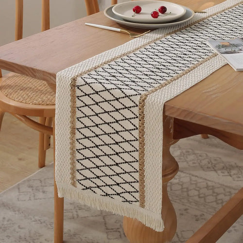 Chemin de table bohème coton lin beige pompons