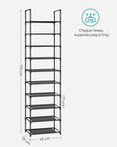SONGMICS Shoe Rack, 10 Tiers, Narrow Shoe Rack, 28 x 45 x 173 cm, Metal Frame, Non-Woven Fabric Shelves, Hallway, Bedroom