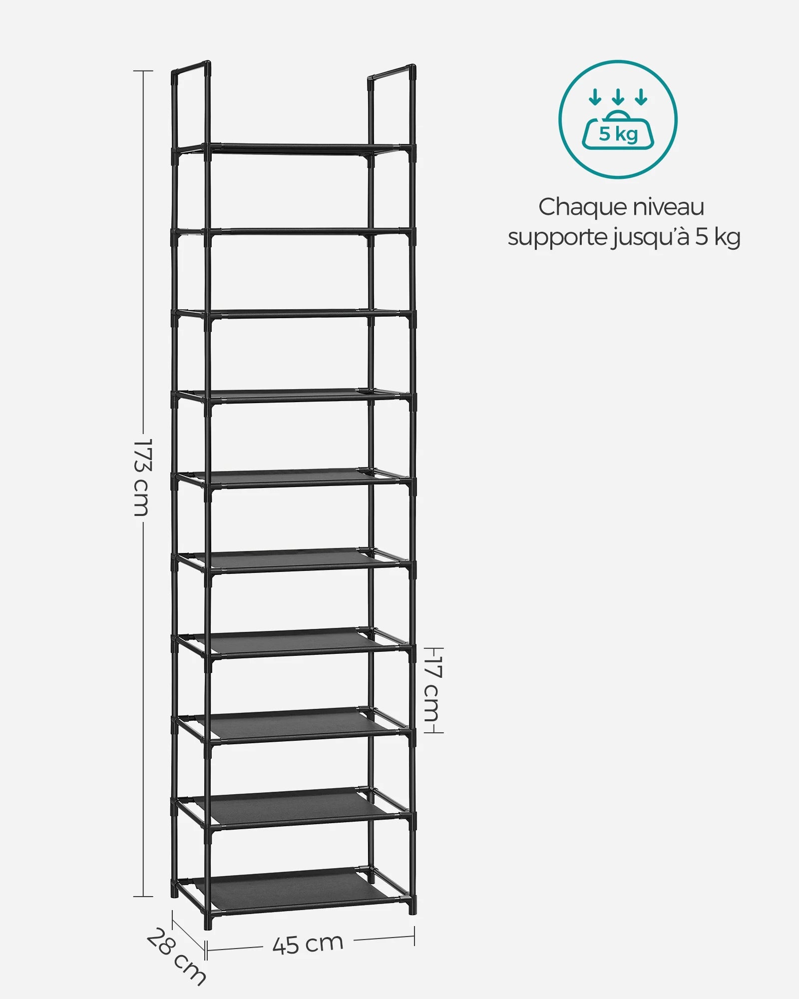 SONGMICS Shoe Rack, 10 Tiers, Narrow Shoe Rack, 28 x 45 x 173 cm, Metal Frame, Non-Woven Fabric Shelves, Hallway, Bedroom - vue 6 sur 7