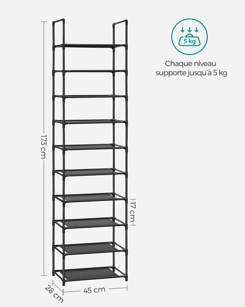 SONGMICS Shoe Rack, 10 Tiers, Narrow Shoe Rack, 28 x 45 x 173 cm, Metal Frame, Non-Woven Fabric Shelves, Hallway, Bedroom - vue 7 sur 7