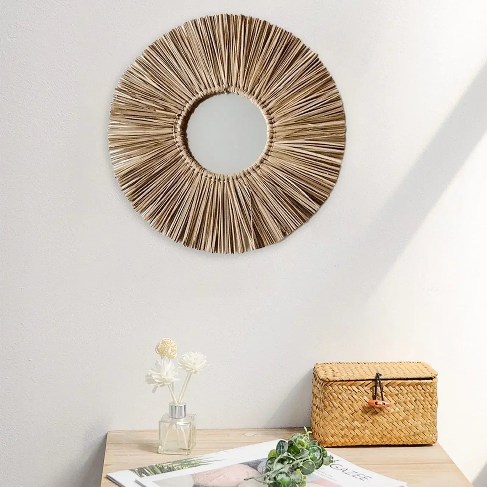 miroir mural rond en corde de paille fait main décoratif à suspendre - vue 3 sur 7