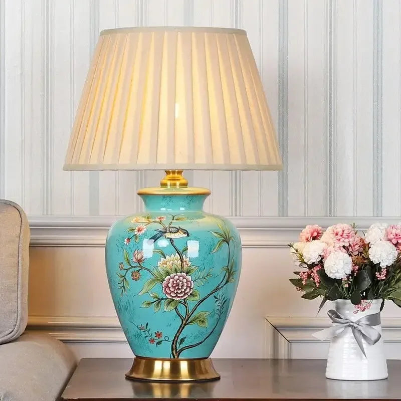 lampe de bureau nordique céramique motif fleur et oiseau - vue 3 sur 9