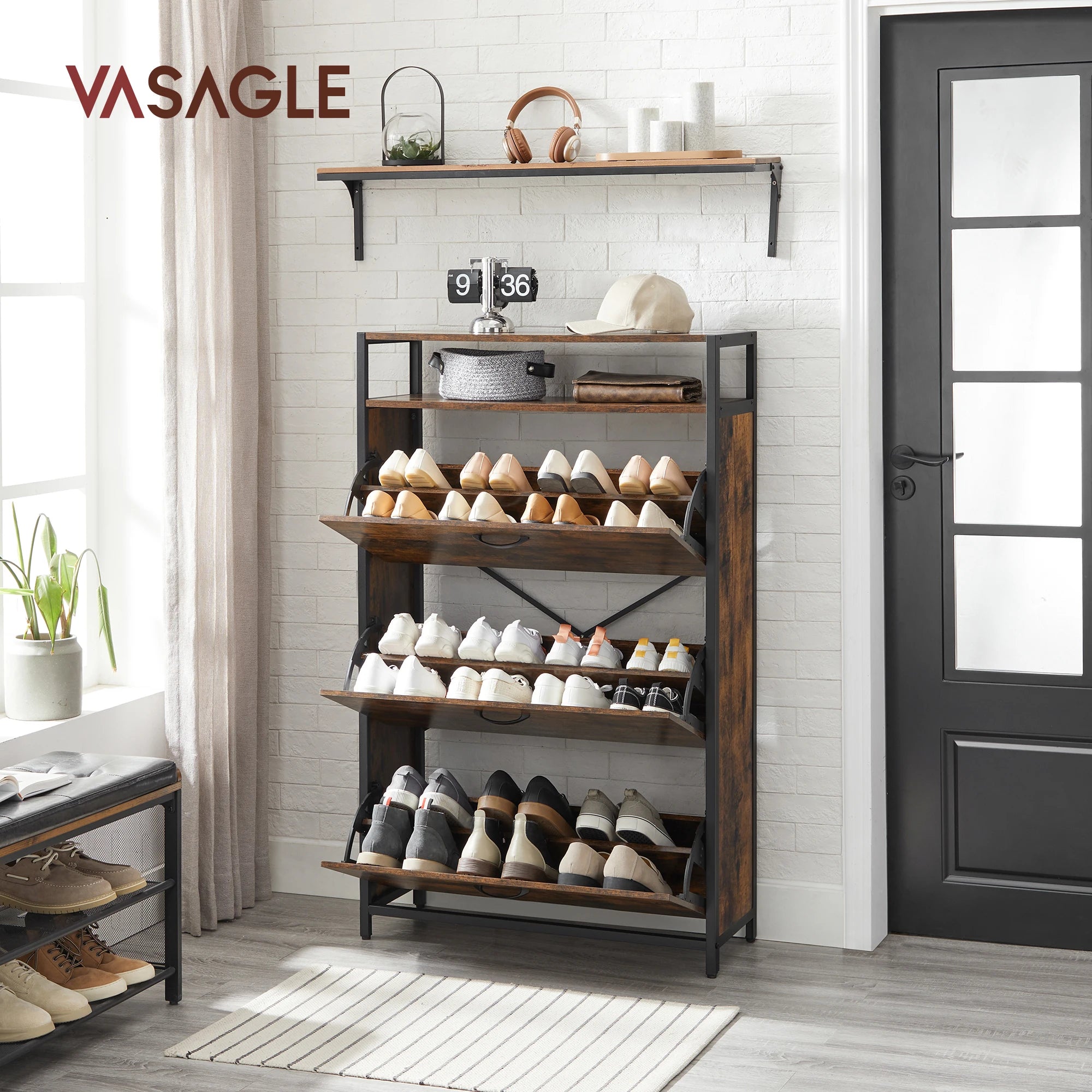 VASAGLE Shoe Cabinet, Slim Shoe Rack, 3-Leaf Shoe Storage Cabinet, Holds 15-24 Pairs, Dustproof, 30 x 80 x 130 cm, for Entryway