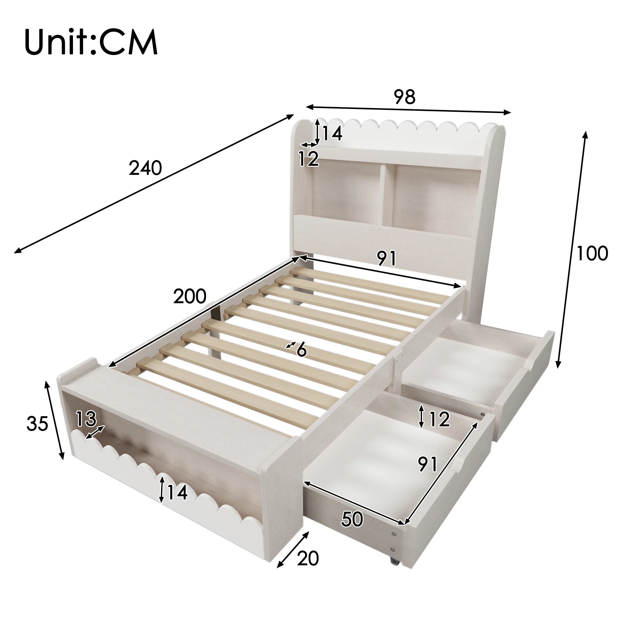 Children bed single bed storage bed with drawers, shelf and bench with storage space, wooden bed 90x200 cm, bed frame and slattenro - vue 6 sur 6