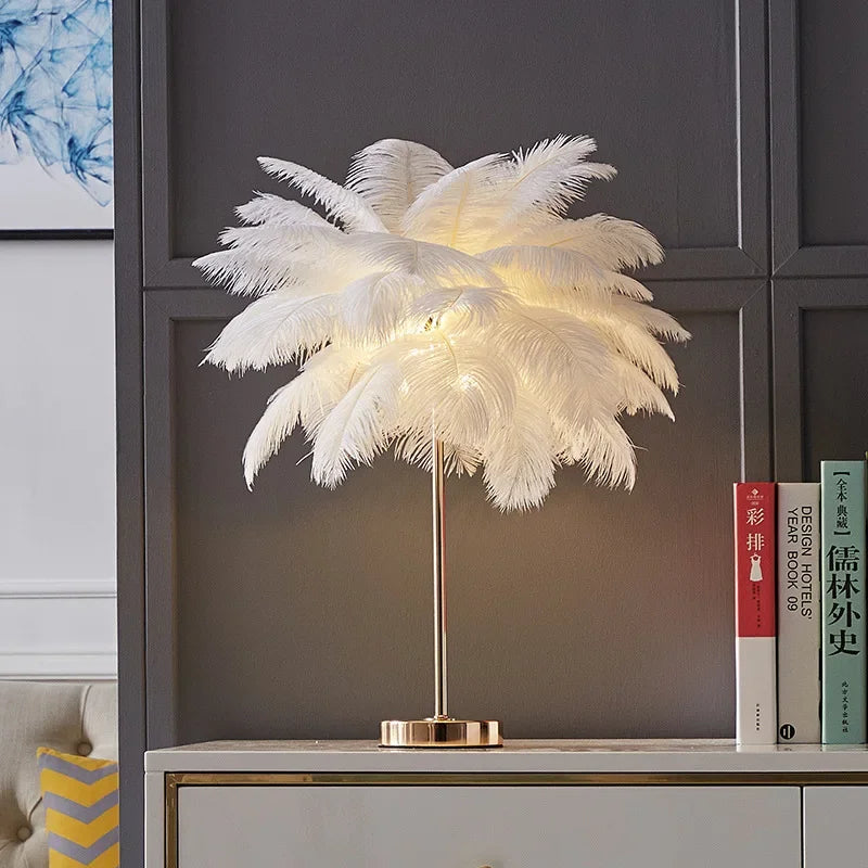 lampadaire décoratif en plumes d'autruche avec luminaire led - vue 7 sur 18