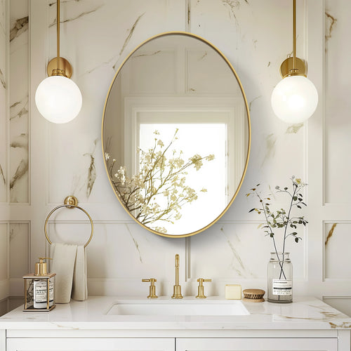 Oval Gold Bathroom Mirror, Gold Framed Mirror for Wall, Metal Frame Gold Circle Mirror Decorative - vue 2 sur 7