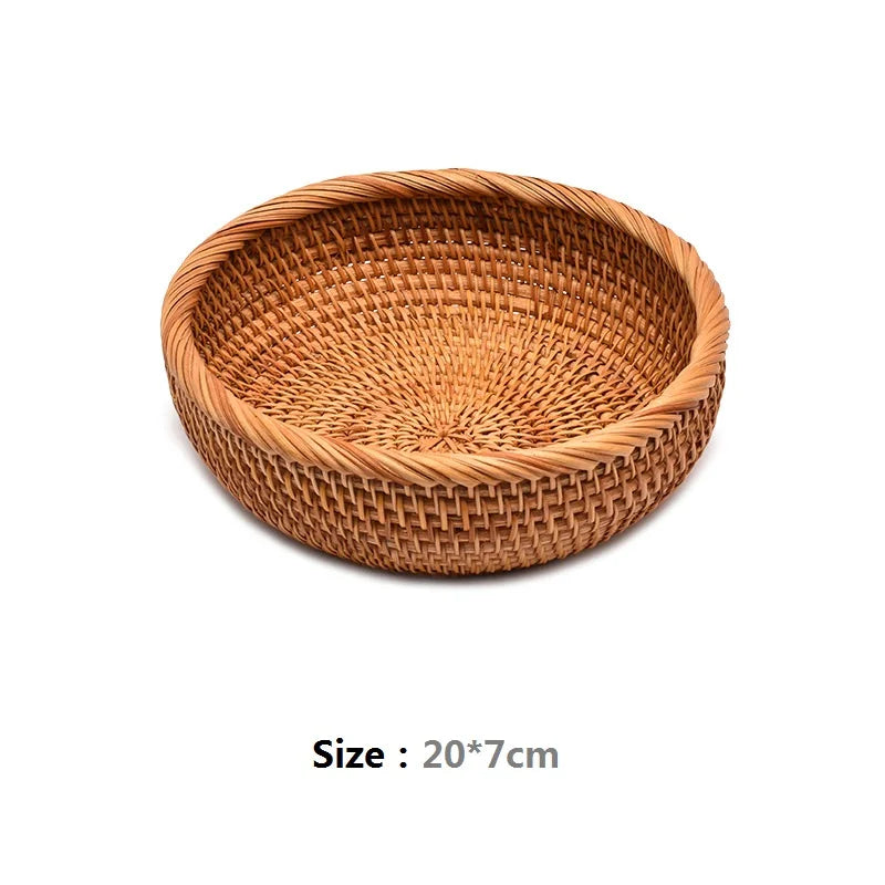 HeMu-Round Rattan Woven Basket, Wicker Fruit Basket, Bread Food, Kitchen Home Decor, Organizer Breadbasket for Kitchen - vue 11 sur 13