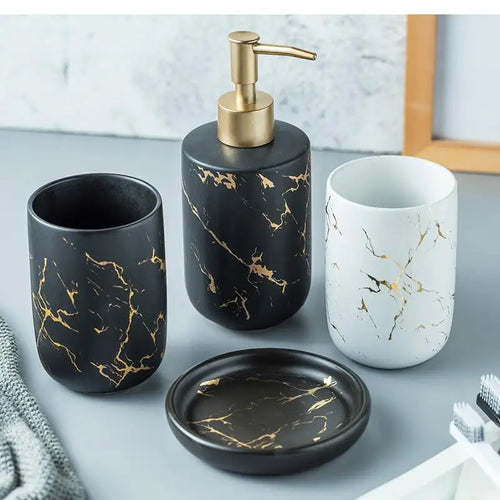 Black Marbled Bathroom Accessories Set, Ceramic Soap Dispenser, Toothbrush Holder, Box, Decoration - vue 5 sur 17