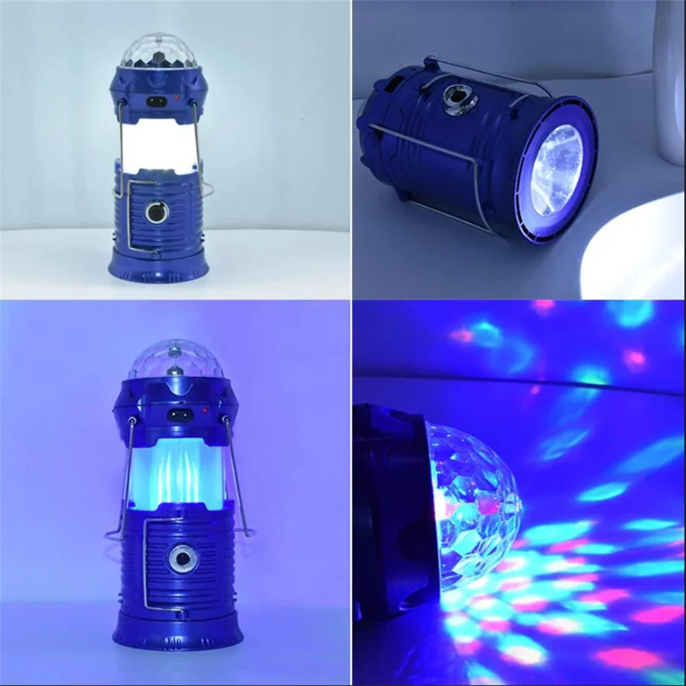 Solar Powered 4-in-1 Flame Waterproof Led Camping Lantern Light& Magic Ball Disco Lamp Flashlight for Tent,Party - vue 5 sur 9