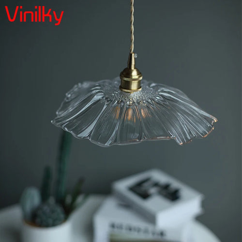 Minimalist nordic pendant light japanese style brass glass flower lamp - vue 7 sur 13