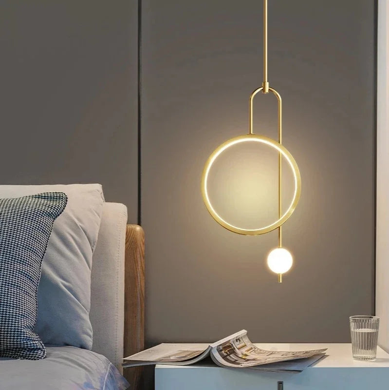Gold Ring Pendant Light Modern Ball Led Hanging Lamp Bedroom Bedside Nordic Living Room Home Decor Background Lighting - vue 5 sur 10