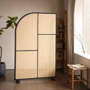 Japanese-style solid wood rattan screen partition is opposite the door to the home, living room entrance is blocked, and mobile