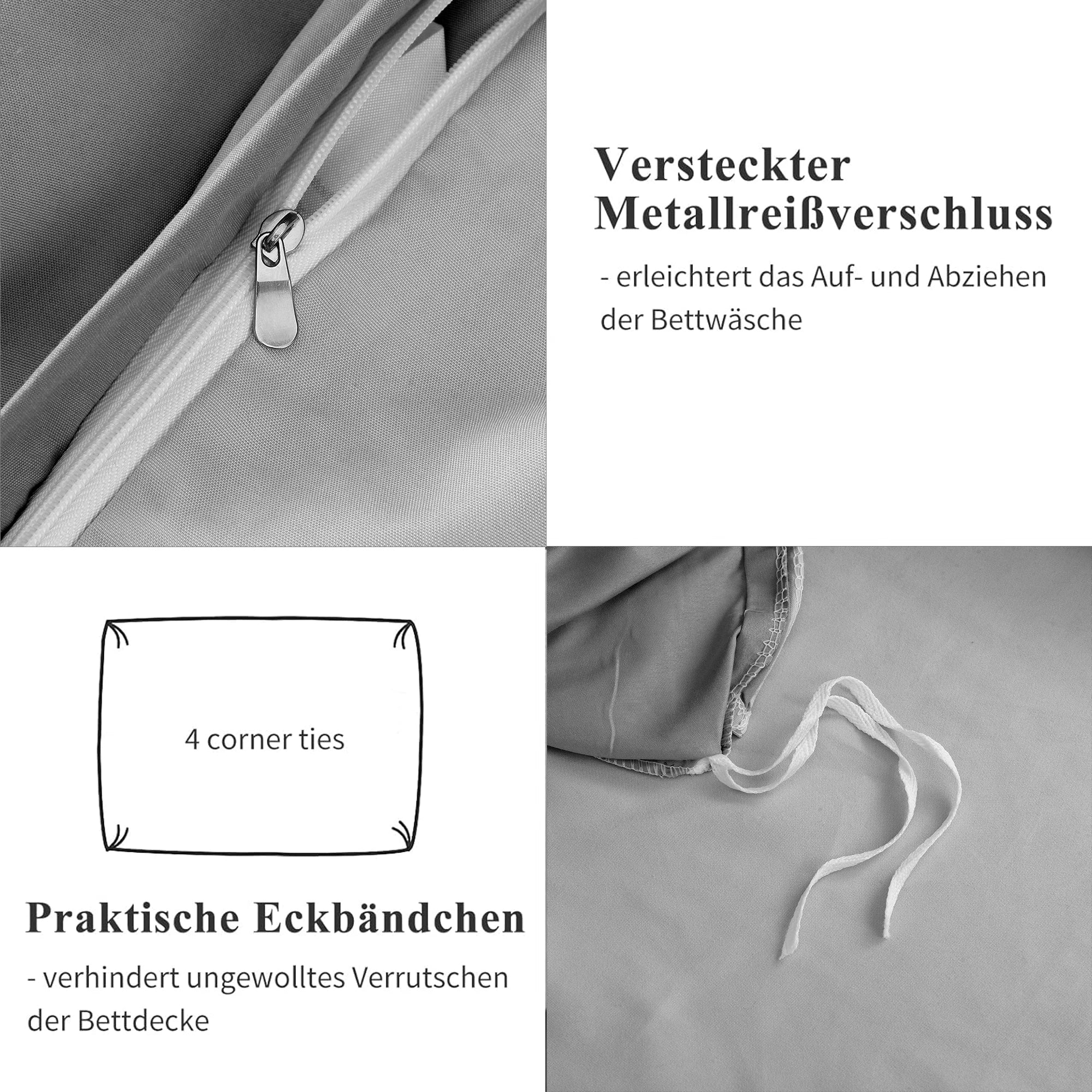 Bed Linen160x200cm 4-Piece Bedding Sets,1 Duvet Cover 155x220cm&2 Pillowcase 80x80cm&1 Fitted Sheet 160x200x30cm,Polyester,grey - vue 6 sur 7