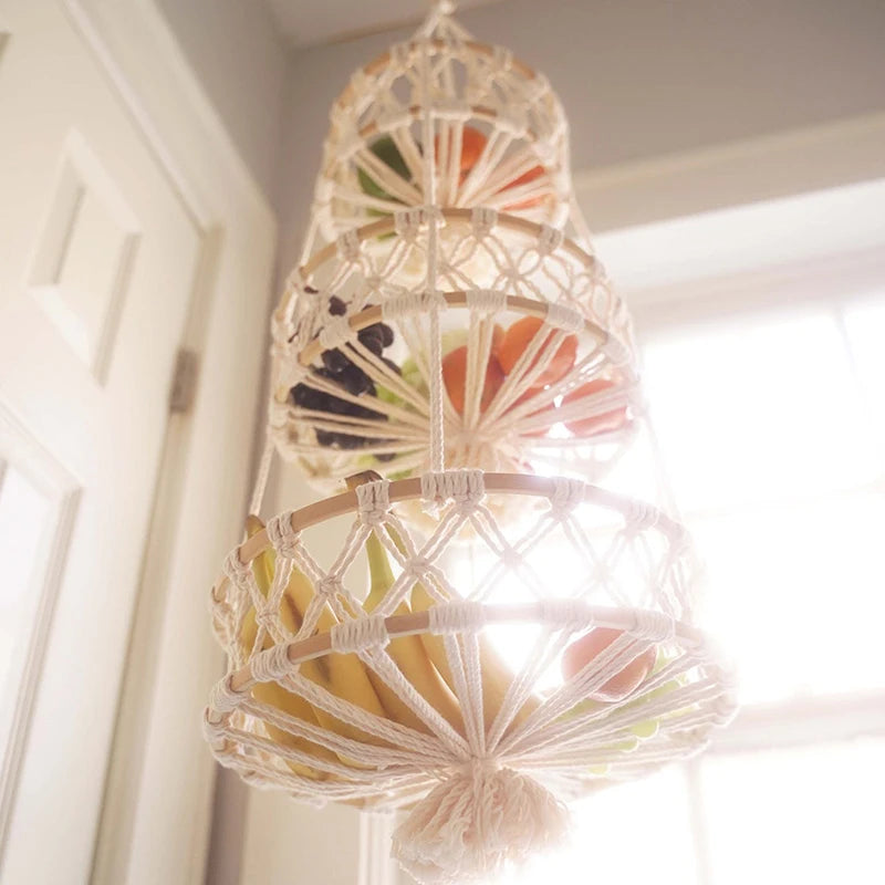 panier suspendu en macramé pour plantes et fruits décoratif - vue 3 sur 10