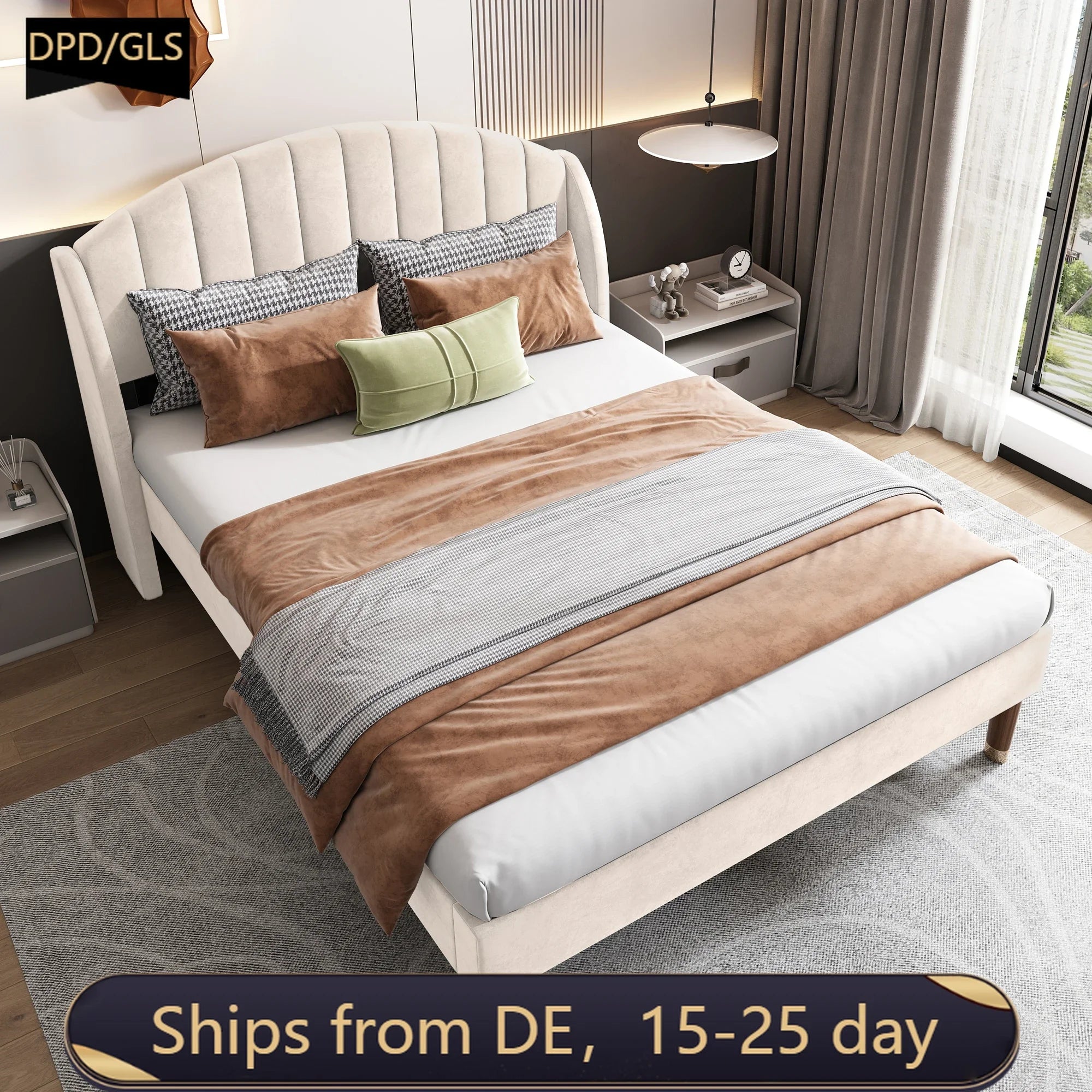 VSOGA Upholstered Bed 140*190 With Slatted Base And Headboard Teen Bed Single Bed Velvet, Beige