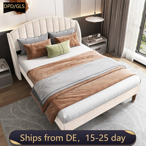 VSOGA Upholstered Bed 140*190 With Slatted Base And Headboard Teen Bed Single Bed Velvet, Beige - vue 2 sur 7