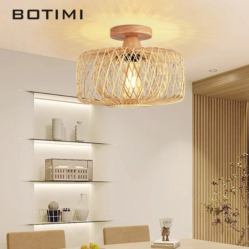 Plafonnier en bois moderne avec abat-jour en osier