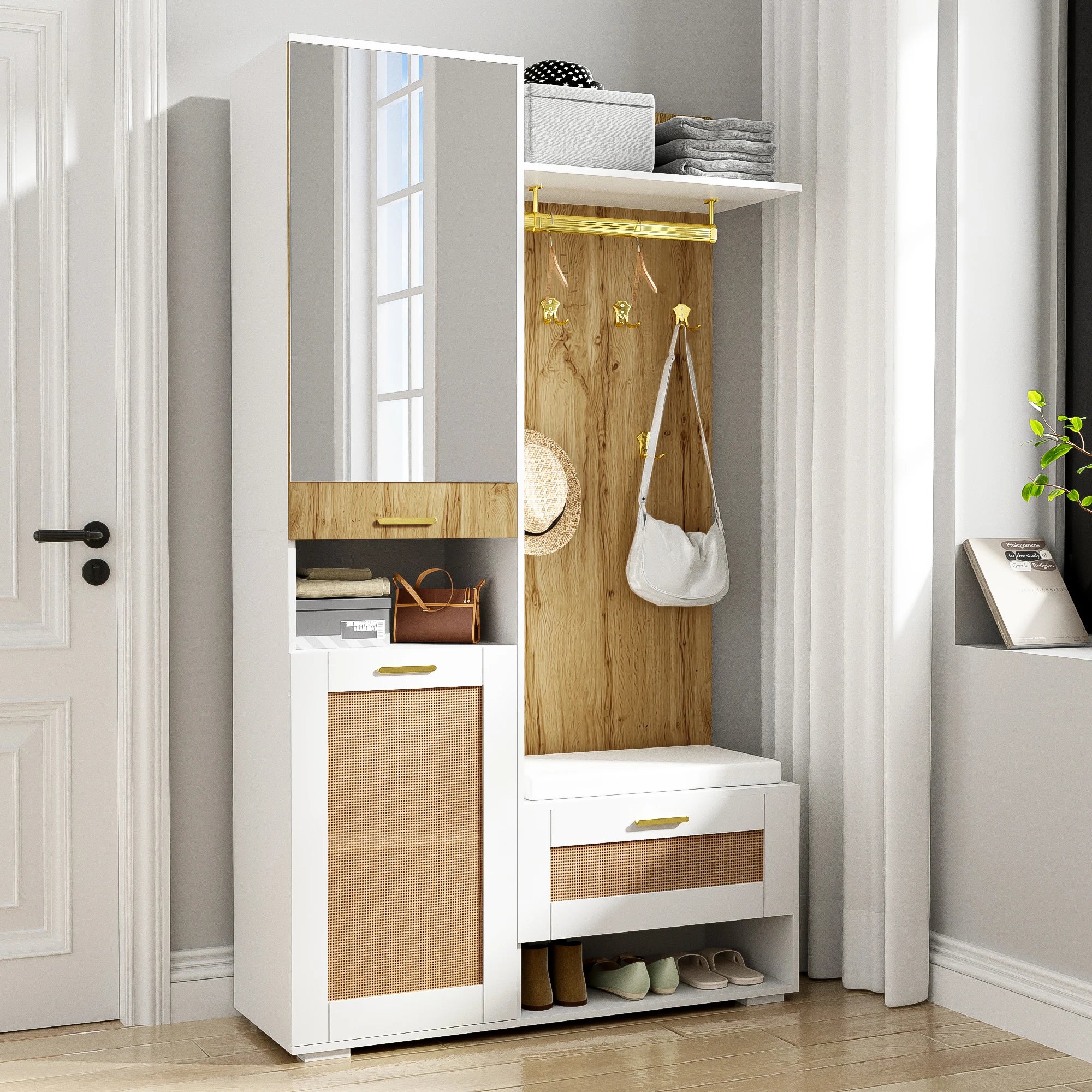 Wardrobe set, wardrobe set with mirror, 5 gold dresses hooks, shoe cabinet, wall wardrobe, top storage compartment, bench seat - vue 3 sur 6