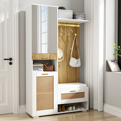 Wardrobe set, wardrobe set with mirror, 5 gold dresses hooks, shoe cabinet, wall wardrobe, top storage compartment, bench seat - vue 4 sur 6
