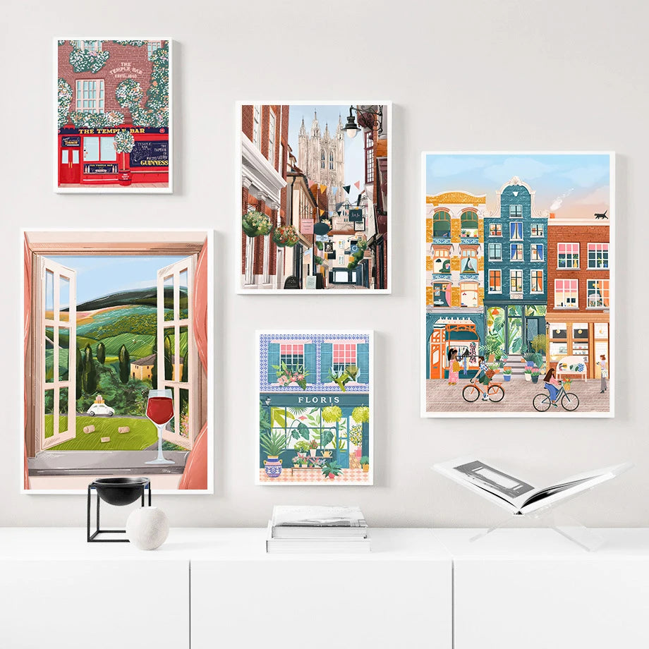 aquarelle art mural ville côtière avec vue sur rue commerciale - vue 5 sur 7