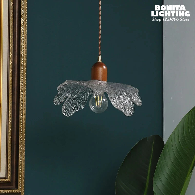 suspension lotus en noyer laiton et verre rétro - vue 7 sur 8