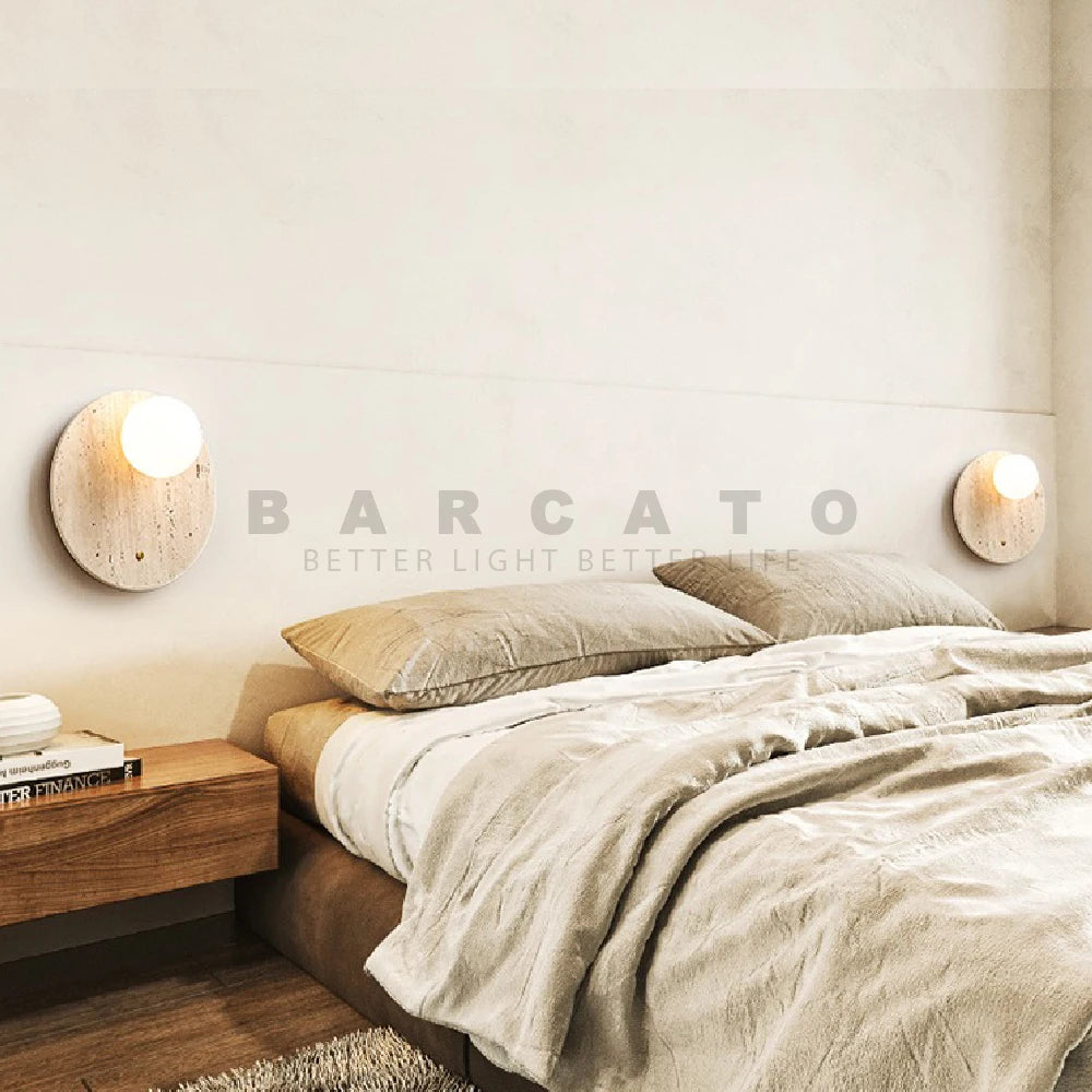 applique style travertin beige cercle lumière décor - vue 3 sur 8