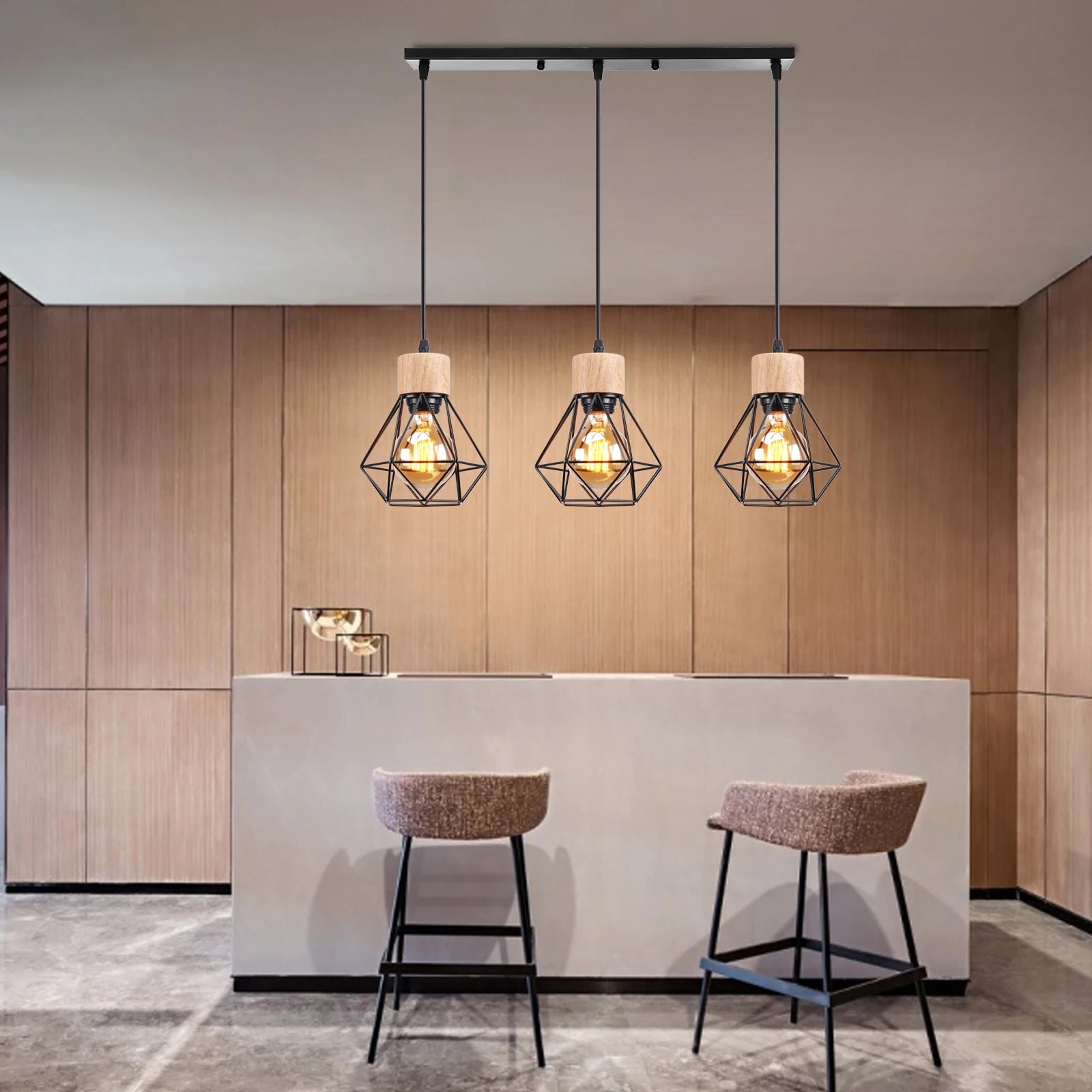 suspension vintage en bois industriel luminaire led suspendu - vue 3 sur 14
