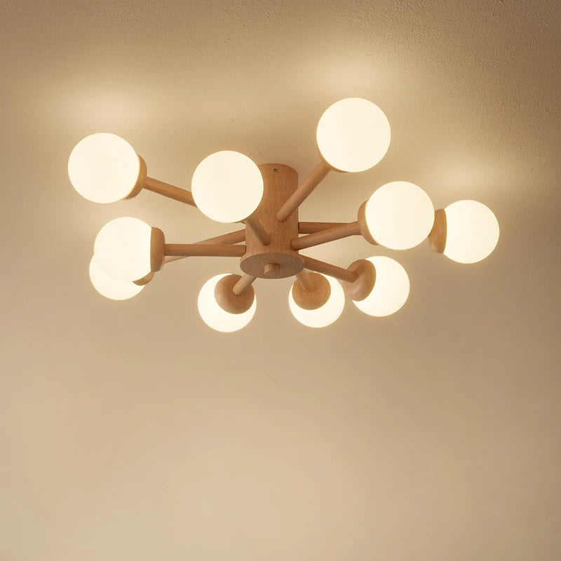 plafonnier en bois avec abat-jour boule de verre design moderne