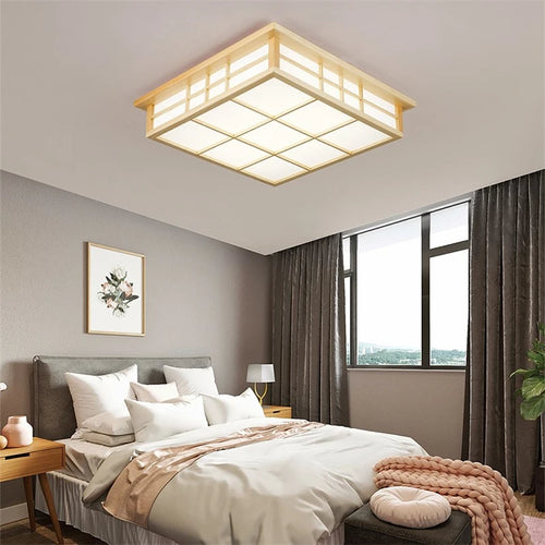 Plafonniers carrés en bois japonais salon moderne éclairage De plafond cuisine Restaurant luminaire LED lampara De Techo - vue 4 sur 7
