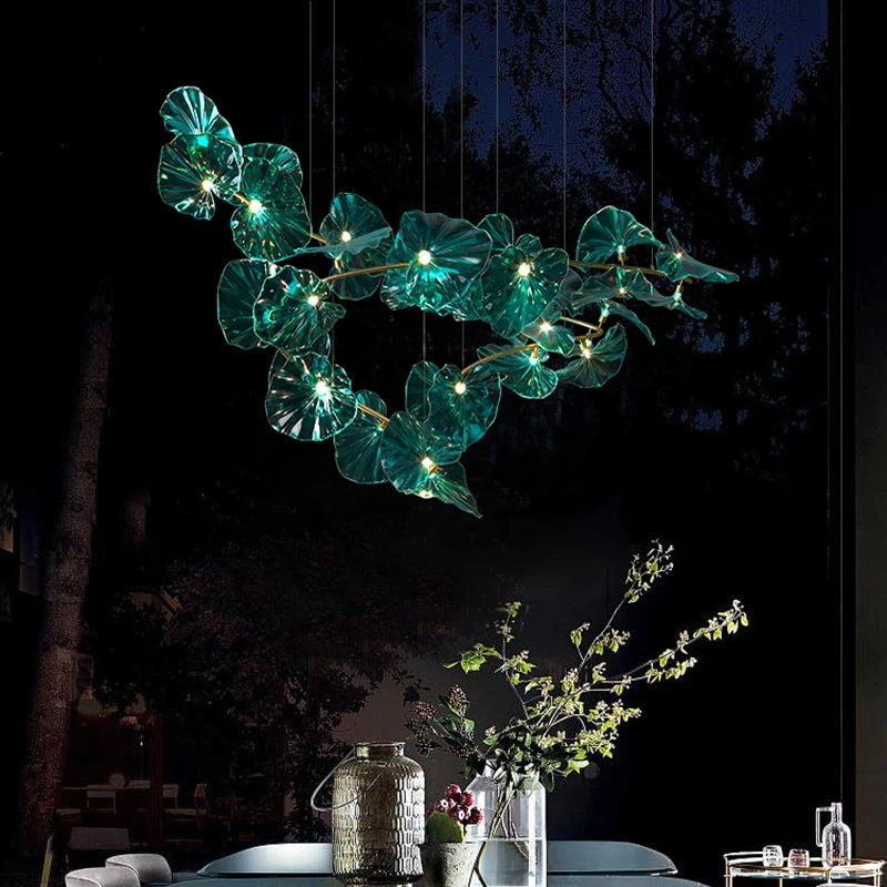 lustre artistique avec feuilles de verre suspendu led pour hôtel - vue 5 sur 13