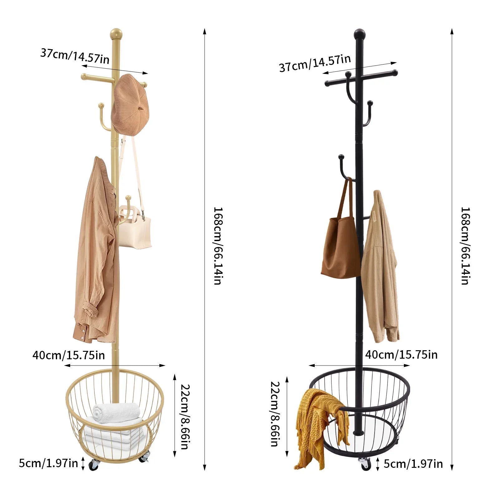 Standing Coat and Hat Hanger Organizer Rack with Mobile Wheel, Entryway Coat Hanger Stand with Storage Basket, Chic Home Tools - vue 3 sur 8