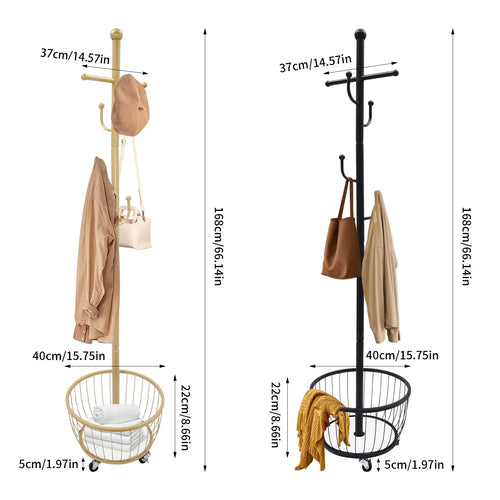 Standing Coat and Hat Hanger Organizer Rack with Mobile Wheel, Entryway Coat Hanger Stand with Storage Basket, Chic Home Tools - vue 4 sur 8
