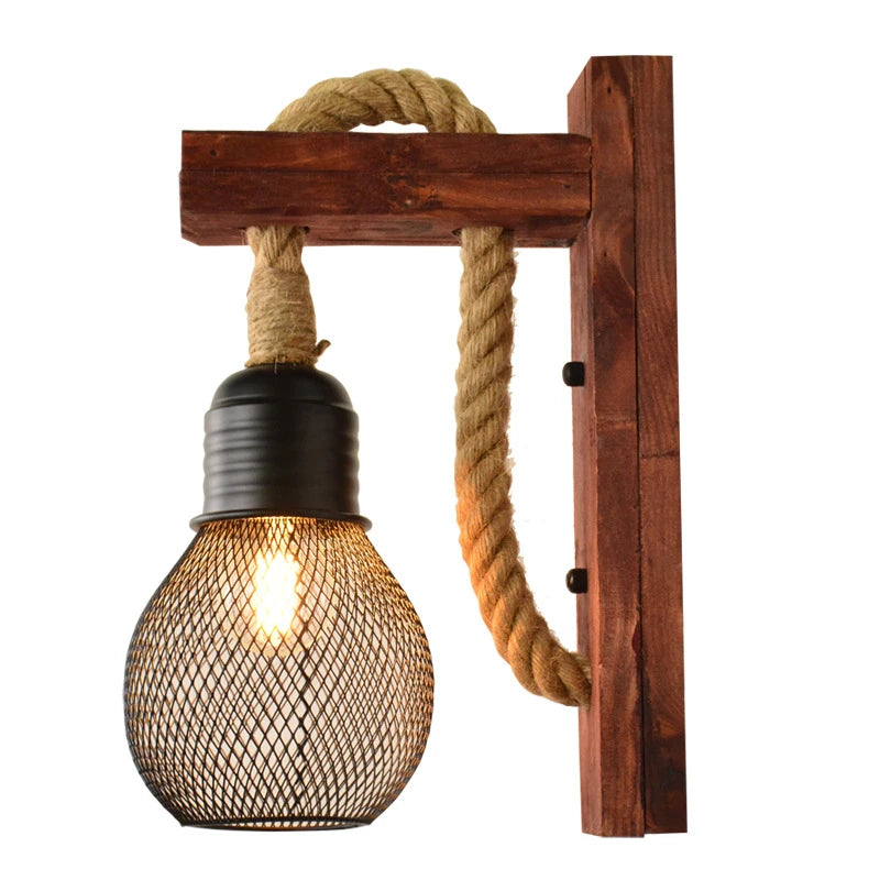 Vintage industrial wood and hemp rope LED wall light loft - vue 14 sur 15