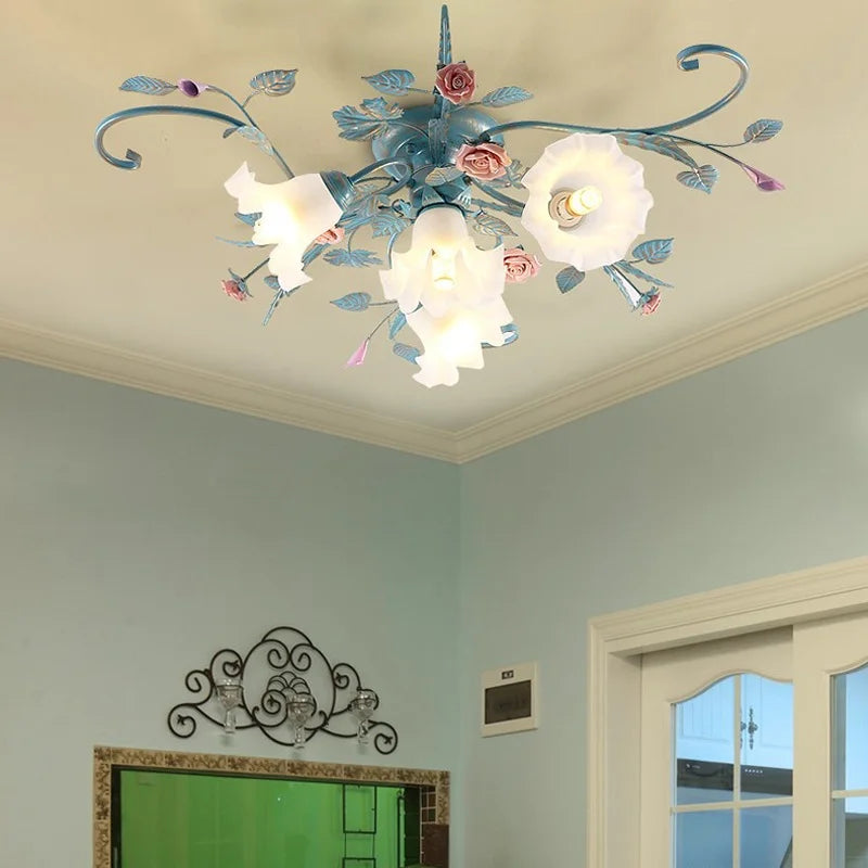 Romantique Chaud Fleur Plafonniers Fer Princesse Chambre Lampe Fille Salle De Mariage Luminaires Plafonniers Suspendus Pour La Maison Chambre - vue 5 sur 10