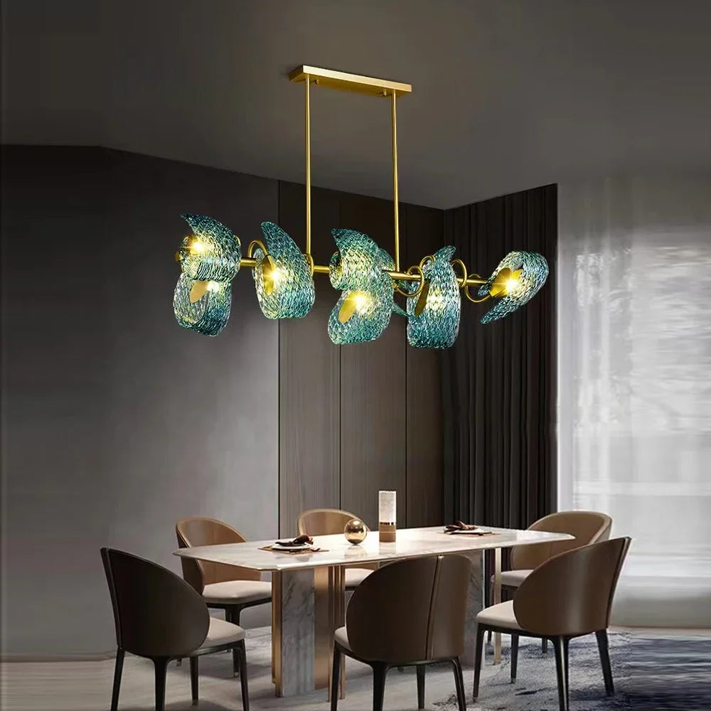 lustre moderne en verre design feuille de paon led suspendu - vue 4 sur 21