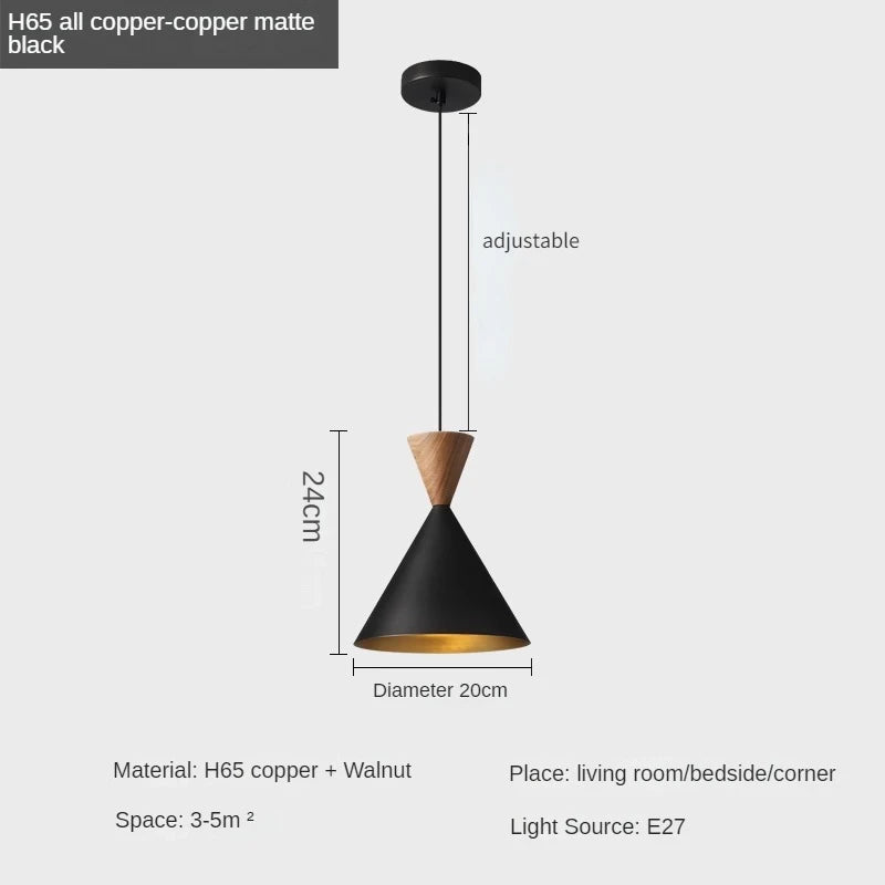Modern and Minimalist Master Bedroom Bedside Pendant Light, Personalized and Luxurious All Copper Walnut Bar Hanging Line Light - vue 7 sur 10