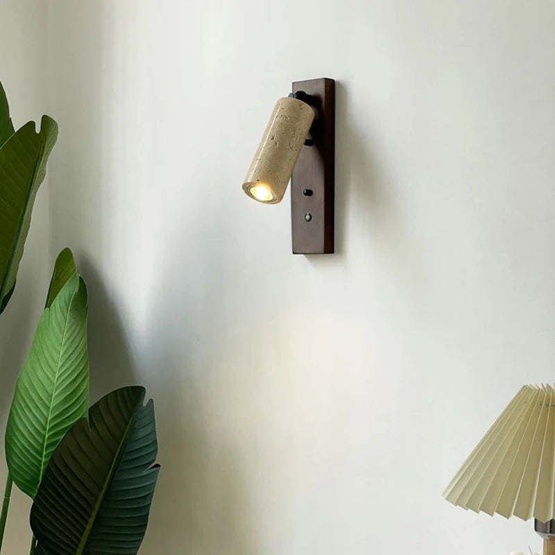 applique murale en pierre et bois avec interrupteur et ampoule ronde - vue 2 sur 10