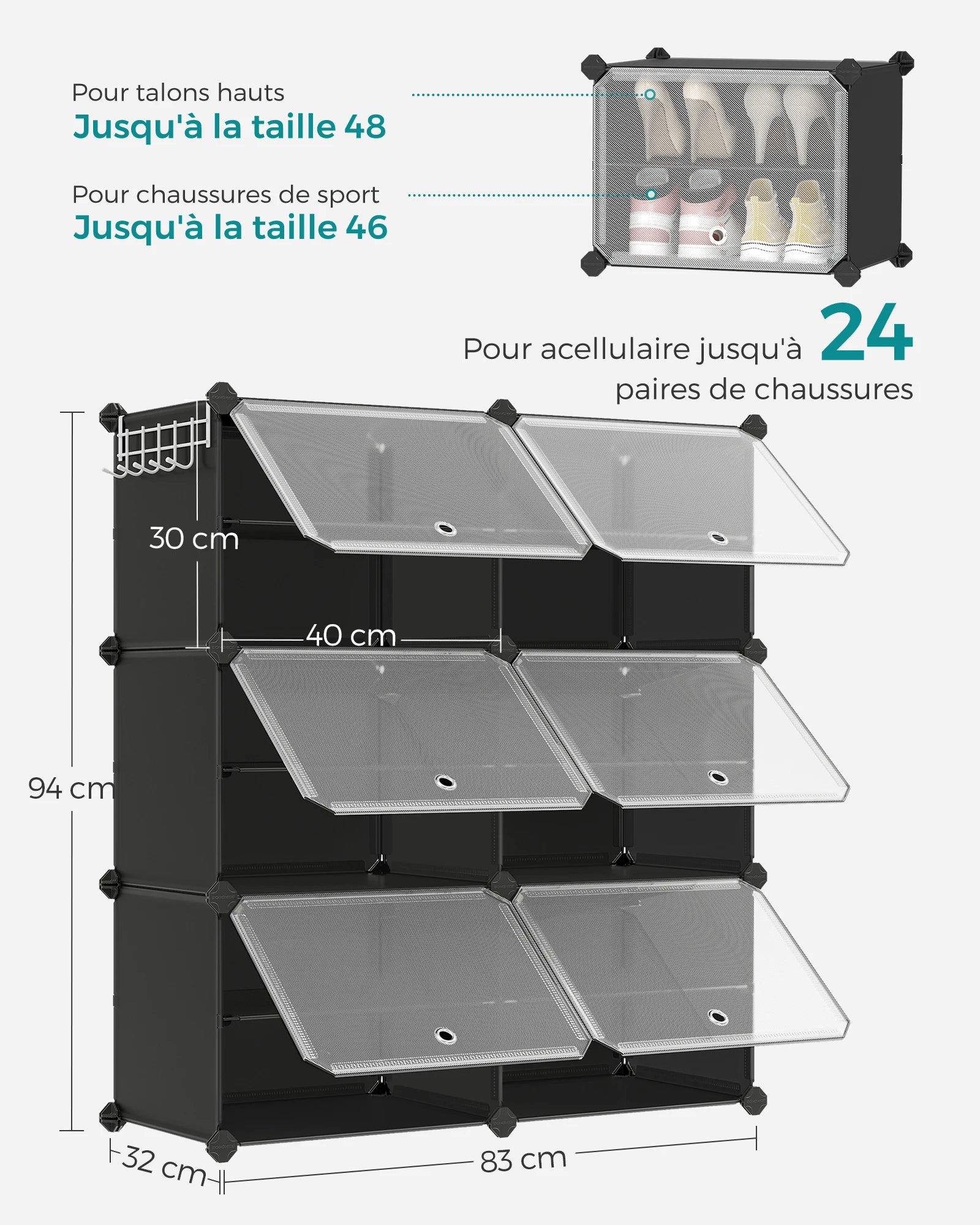 SONGMICS 6-Compartment Shoe Rack, Modular Storage Shelf, 30 x 40 x 30 cm Compartment, with Door - vue 5 sur 8