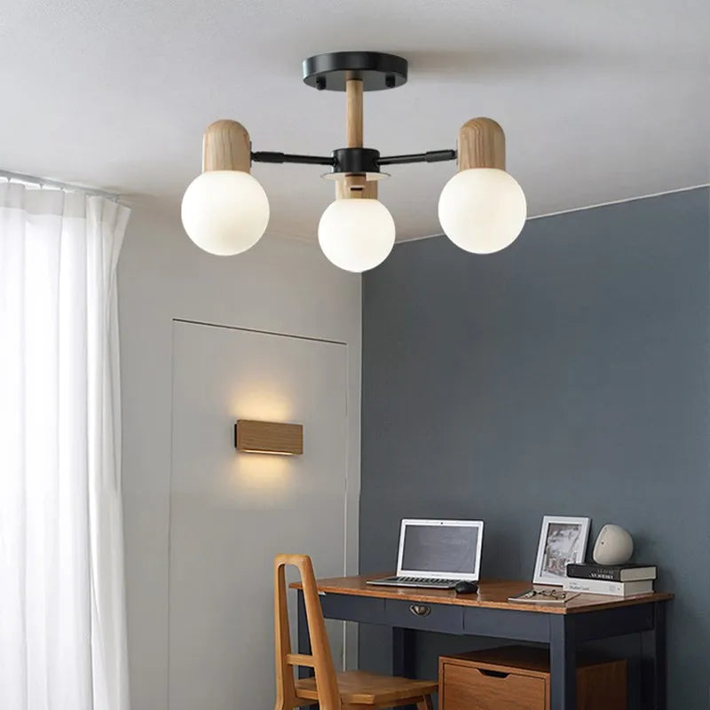 Plafonnier LED en bois au design nordique multi-têtes - vue 3 sur 9